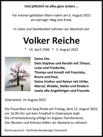 Traueranzeige von Volker Reiche  von Magdeburger Volksstimme