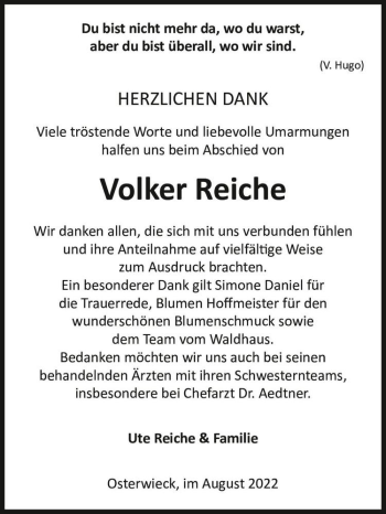 Traueranzeige von Volker Reiche  von Magdeburger Volksstimme