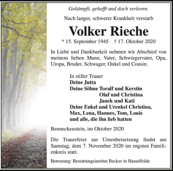 Traueranzeige von Volker Rieche  von Magdeburger Volksstimme