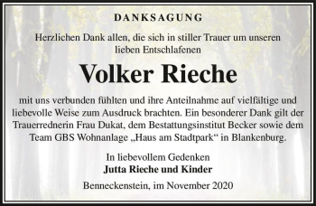 Traueranzeige von Volker Rieche  von Magdeburger Volksstimme
