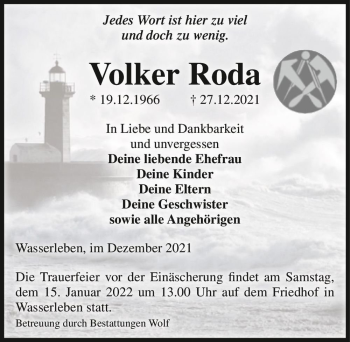 Traueranzeige von Volker Roda  von Magdeburger Volksstimme