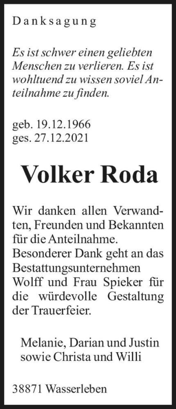 Traueranzeige von Volker Roda  von Magdeburger Volksstimme