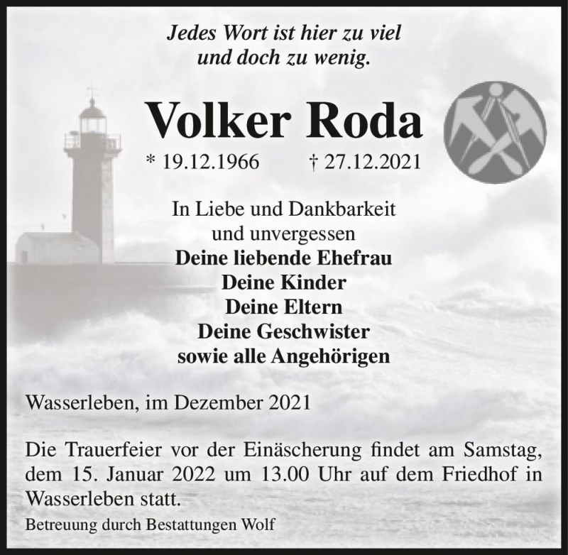  Traueranzeige für Volker Roda  vom 08.01.2022 aus Magdeburger Volksstimme