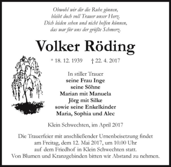 Traueranzeige von Volker Röding  von Magdeburger Volksstimme