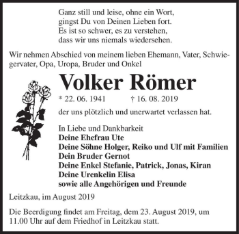 Traueranzeige von Volker Römer  von Magdeburger Volksstimme