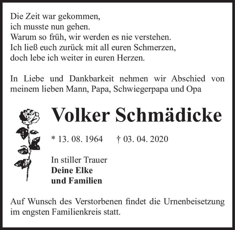  Traueranzeige für Volker Schmädicke  vom 11.04.2020 aus Magdeburger Volksstimme