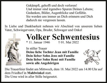 Traueranzeige von Volker Schwentesius  von Magdeburger Volksstimme