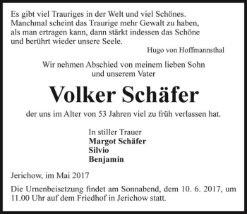Traueranzeige von Volker Schäfer  von Magdeburger Volksstimme