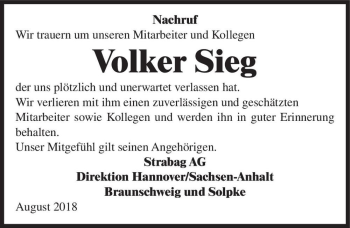 Traueranzeige von Volker Sieg  von Magdeburger Volksstimme