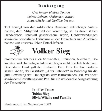 Traueranzeige von Volker Sieg  von Magdeburger Volksstimme