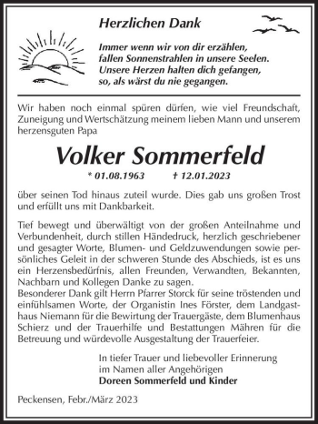 Traueranzeige von Volker Sommerfeld  von Magdeburger Volksstimme