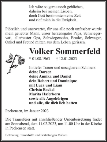 Traueranzeige von Volker Sommerfeld  von Magdeburger Volksstimme