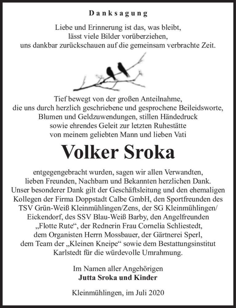 Traueranzeige für Volker Sroka  vom 04.07.2020 aus Magdeburger Volksstimme