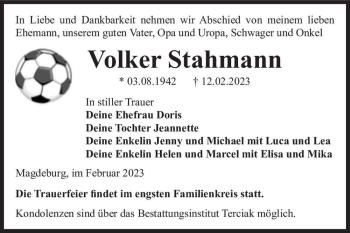 Traueranzeige von Volker Stahmann  von Magdeburger Volksstimme