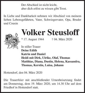 Traueranzeige von Volker Steusloff  von Magdeburger Volksstimme