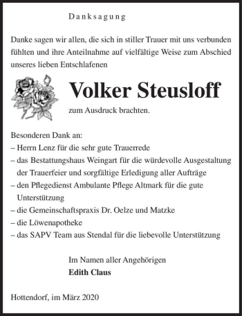 Traueranzeige von Volker Steusloff  von Magdeburger Volksstimme