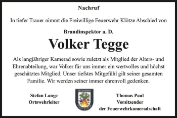 Traueranzeige von Volker Tegge  von Magdeburger Volksstimme