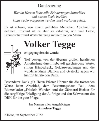 Traueranzeige von Volker Tegge  von Magdeburger Volksstimme