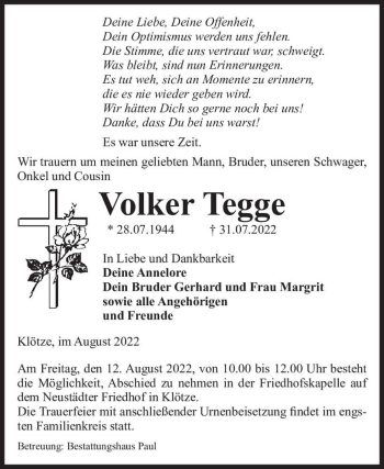 Traueranzeige von Volker Tegge  von Magdeburger Volksstimme