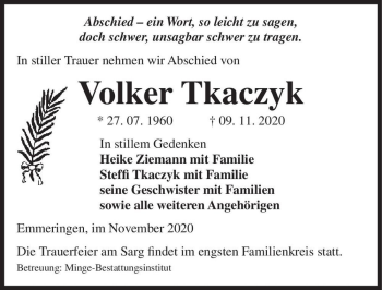 Traueranzeige von Volker Tkaczyk  von Magdeburger Volksstimme