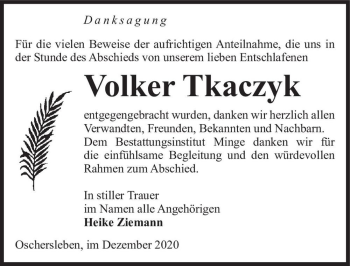 Traueranzeige von Volker Tkaczyk  von Magdeburger Volksstimme