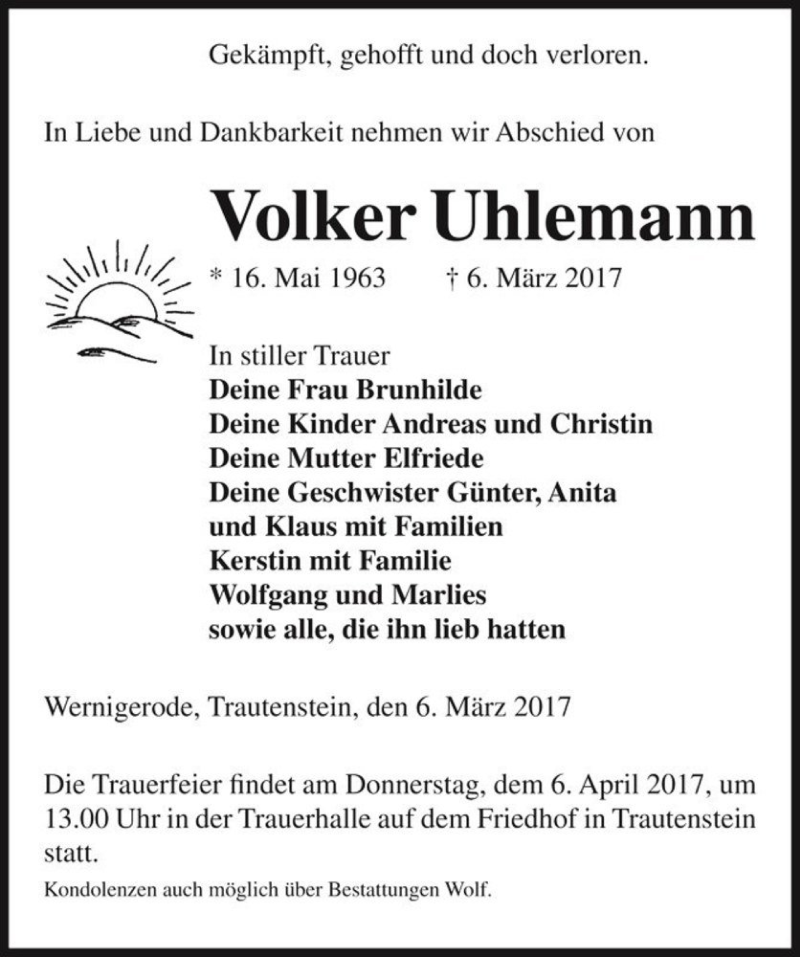 Traueranzeige für Volker Uhlemann  vom 17.03.2017 aus Magdeburger Volksstimme