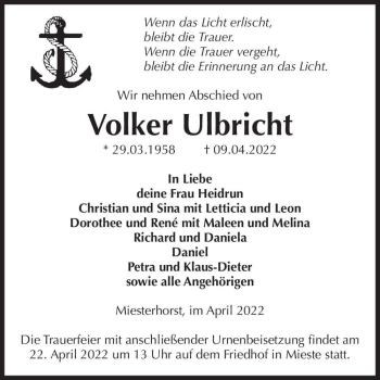 Traueranzeige von Volker Ulbricht  von Magdeburger Volksstimme
