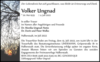 Traueranzeige von Volker Ungnad  von Magdeburger Volksstimme