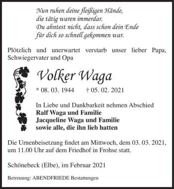 Traueranzeige von Volker Waga  von Magdeburger Volksstimme