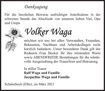 Traueranzeige von Volker Waga  von Magdeburger Volksstimme