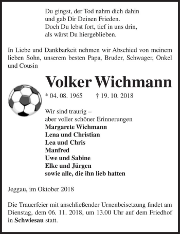 Traueranzeige von Volker Wichmann  von Magdeburger Volksstimme