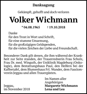 Traueranzeige von Volker Wichmann  von Magdeburger Volksstimme