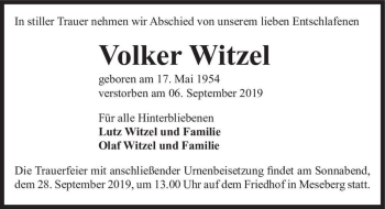 Traueranzeige von Volker Witzel  von Magdeburger Volksstimme