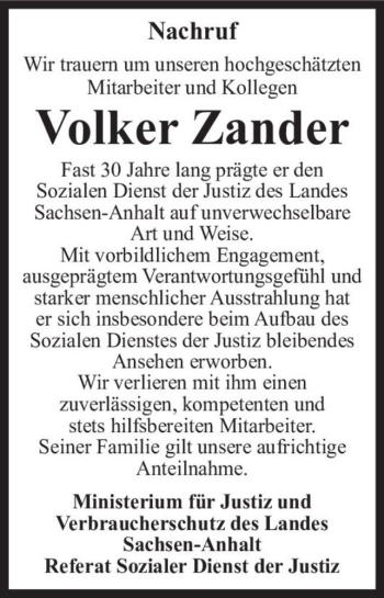 Traueranzeige von Volker Zander  von Magdeburger Volksstimme