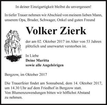 Traueranzeige von Volker Zierk  von Magdeburger Volksstimme