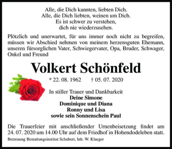 Traueranzeige von Volkert Schönfeld  von Magdeburger Volksstimme