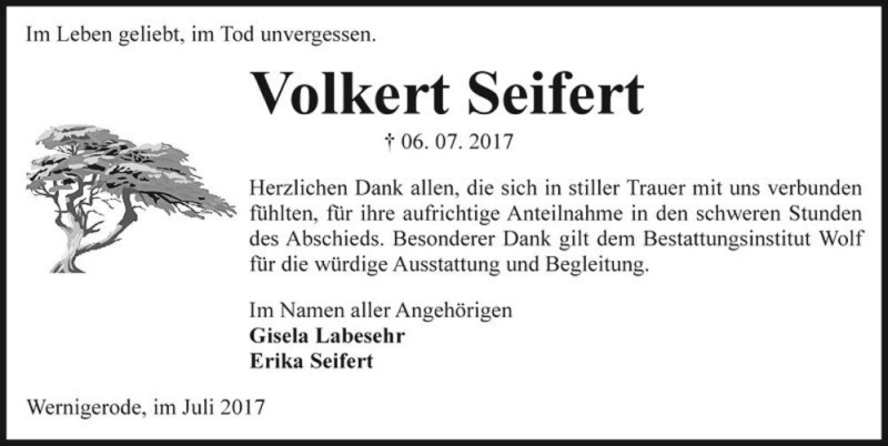  Traueranzeige für Volkert Seifert  vom 29.07.2017 aus Magdeburger Volksstimme
