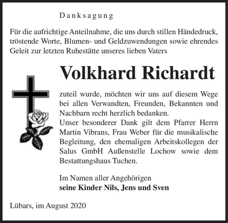  Traueranzeige für Volkhard Richardt  vom 22.08.2020 aus Magdeburger Volksstimme
