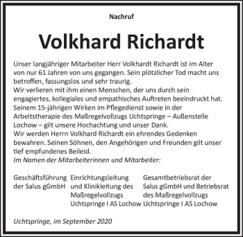 Traueranzeige von Volkhard Richardt  von Magdeburger Volksstimme