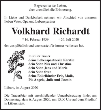 Traueranzeige von Volkhard Richardt  von Magdeburger Volksstimme