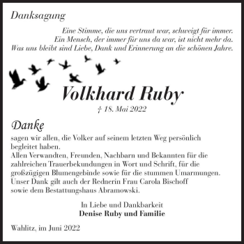 Traueranzeige von Volkhard Ruby  von Magdeburger Volksstimme