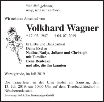 Traueranzeige von Volkhard Wagner  von Magdeburger Volksstimme