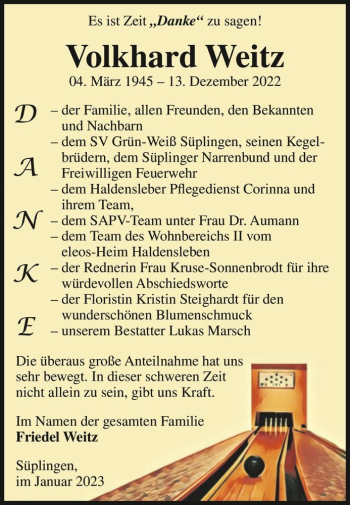 Traueranzeige von Volkhard Weitz  von Magdeburger Volksstimme