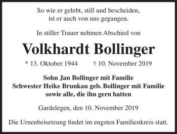 Traueranzeige von Volkhardt Bollinger  von Magdeburger Volksstimme
