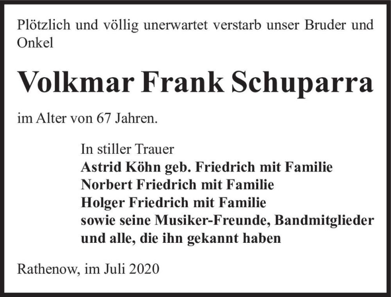  Traueranzeige für Volkmar Frank Schuparra  vom 05.09.2020 aus Magdeburger Volksstimme