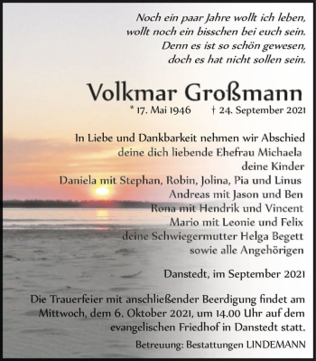 Traueranzeige von Volkmar Großmann  von Magdeburger Volksstimme