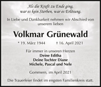 Traueranzeige von Volkmar Grünewald  von Magdeburger Volksstimme