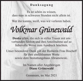 Traueranzeige von Volkmar Grünewald  von Magdeburger Volksstimme