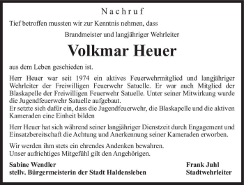 Traueranzeige von Volkmar Heuer  von Magdeburger Volksstimme