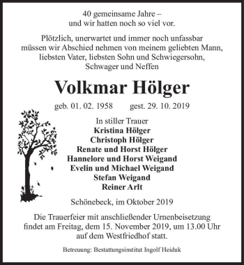Traueranzeige von Volkmar Hölger  von Magdeburger Volksstimme
